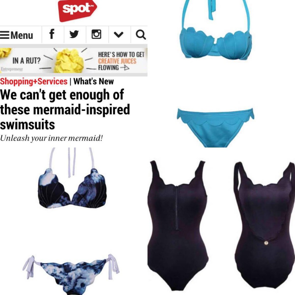 (Upper-right) Calico Clam Neoprene Bustier, (Bottom-left) , (Bottom-right) Conch Scalloped Neoprene Maillot